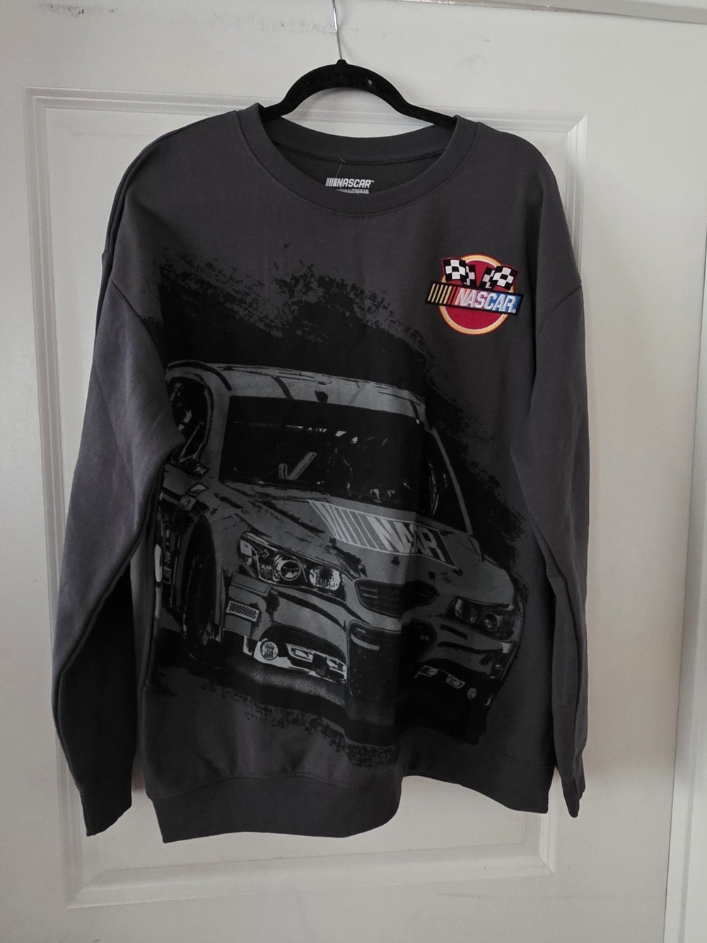 Nascar Men's Charcoal Gray Crewneck Sweater with Car Graphic and Patch